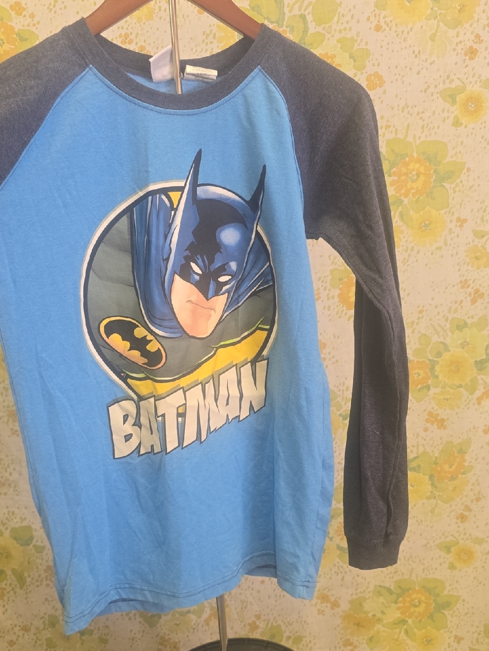 Batman Light Blue Long Sleeve Tee with Navy Trim
